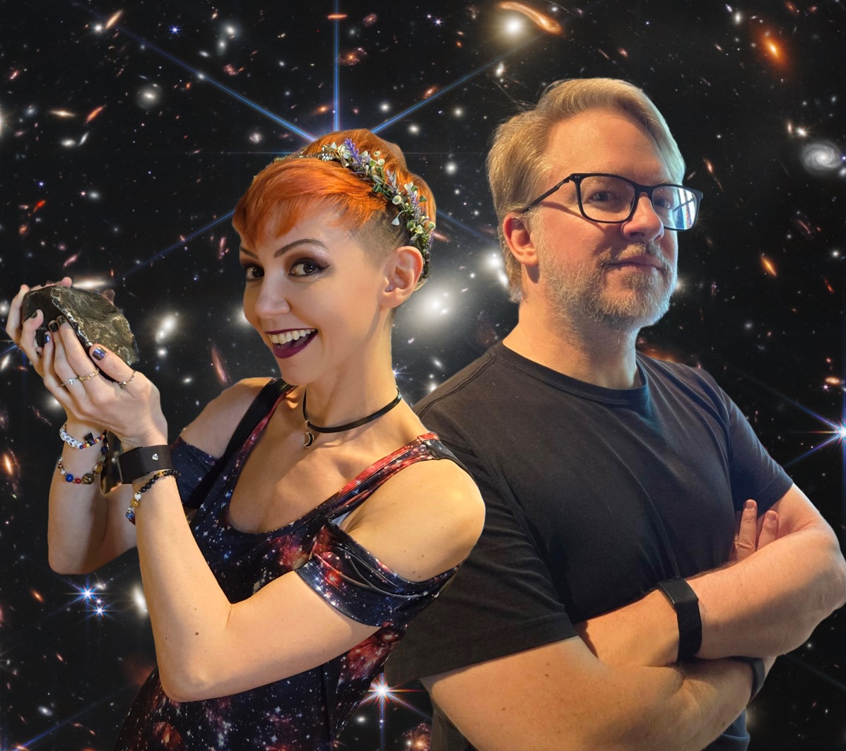 Photo of Jennie and James standing in front of a space-themed backdrop